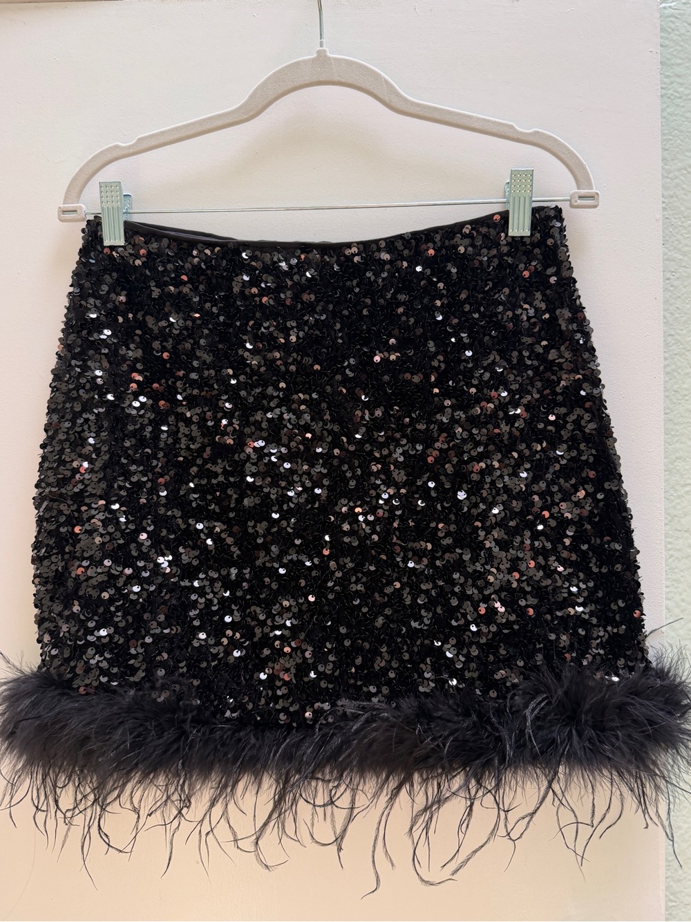 Black Sequin Mini Skirt with Feather Trim